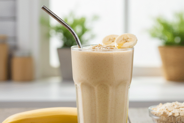 Banana oats smoothie for weight loss served in a glass with fresh banana slices and oats