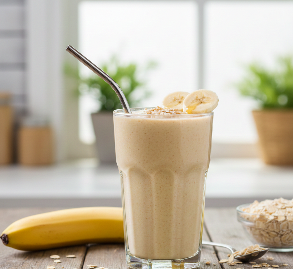 Banana oats smoothie for weight loss served in a glass with fresh banana slices and oats