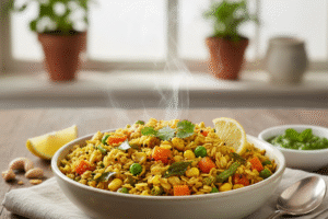 “Vegetable oats upma served hot with mixed vegetables, lemon slice and coriander garnish”