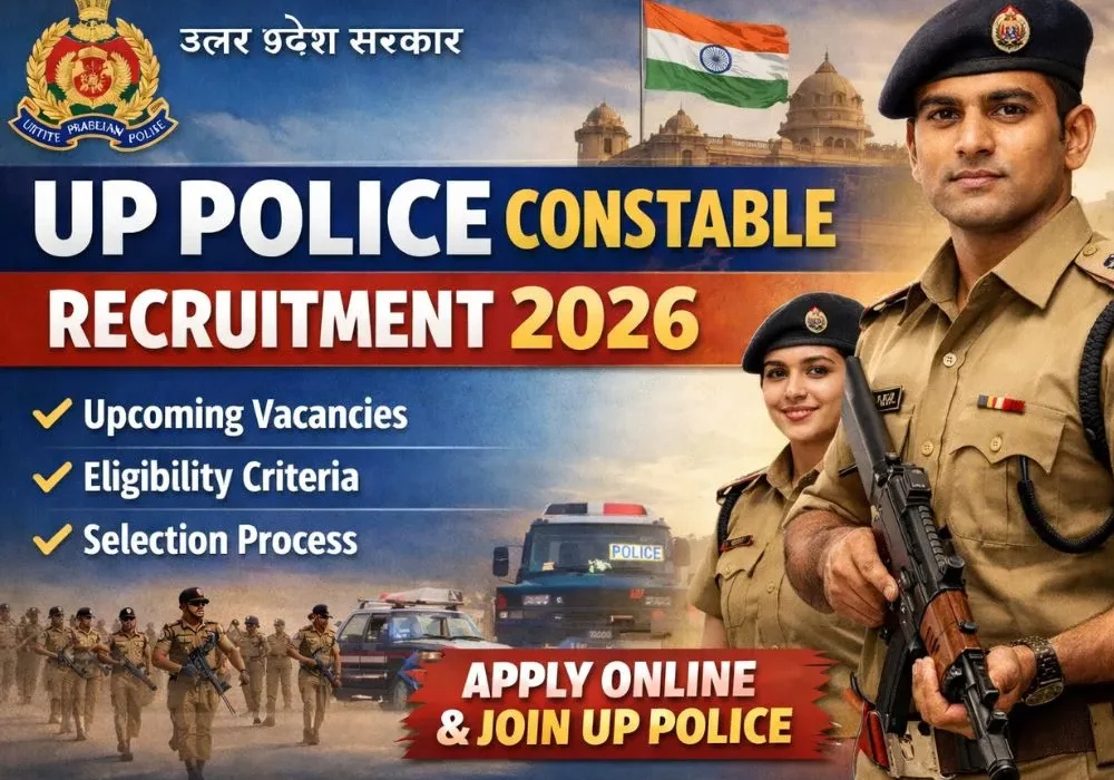 UP Police Constable Recruitment 2026 banner with Uttar Pradesh Police officers and official logo