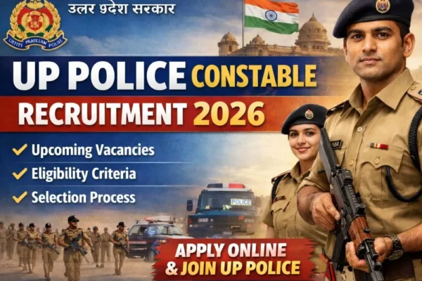 UP Police Constable Recruitment 2026 banner with Uttar Pradesh Police officers and official logo