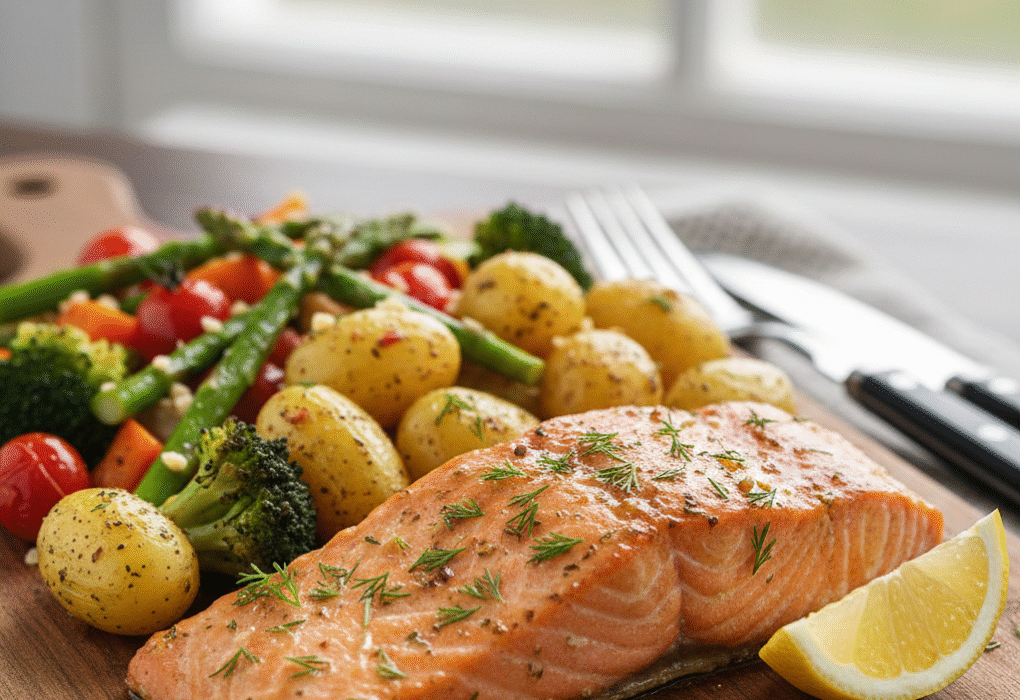 Baked Salmon with Potatoes and Vegetables
