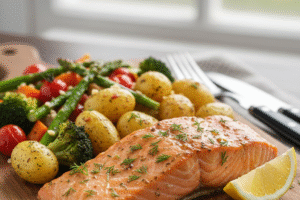 Baked Salmon with Potatoes and Vegetables